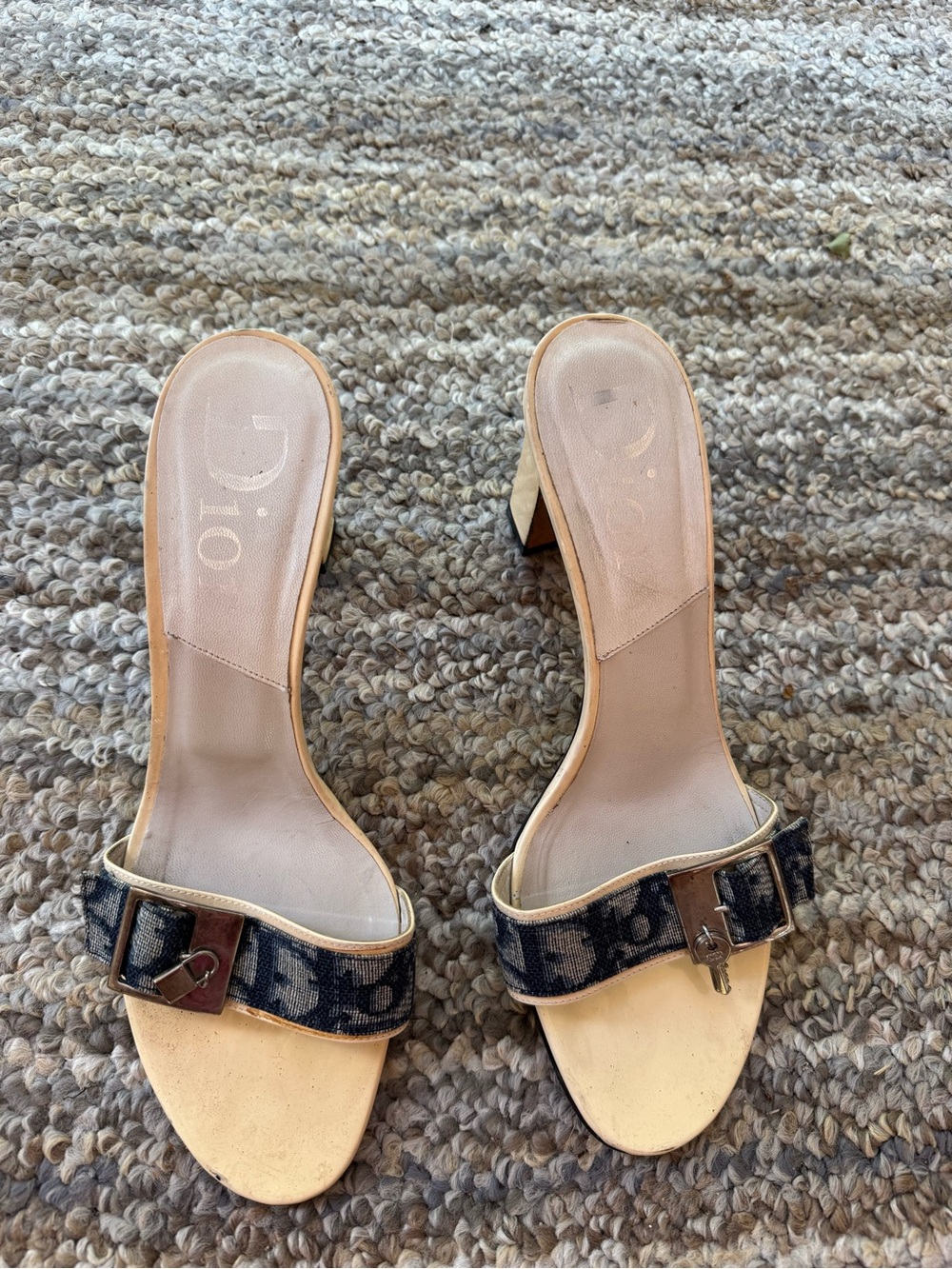 Dior Beige Canvas Logo Slide Sandals with Monogram Buckle